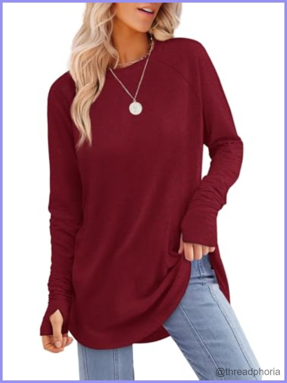 Women's Long Sleeve Tunic Top with Thumb Holes and Curved Hem